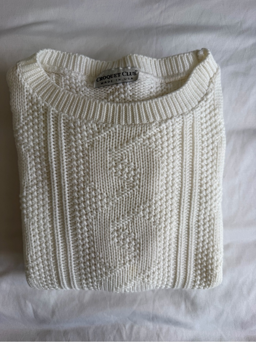 VTG 80s Croquet Club USA Made White Cable Knit Long Sleeve Crew Neck Sweater